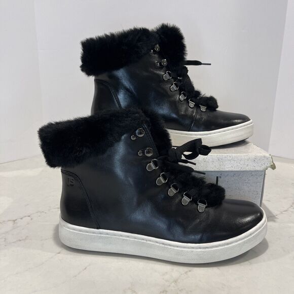 Josef Seibel NEW Black Faux Fur Trim Leather Lace Up Boot Sneaker EU 41 10-10.5 - Picture 1 of 12